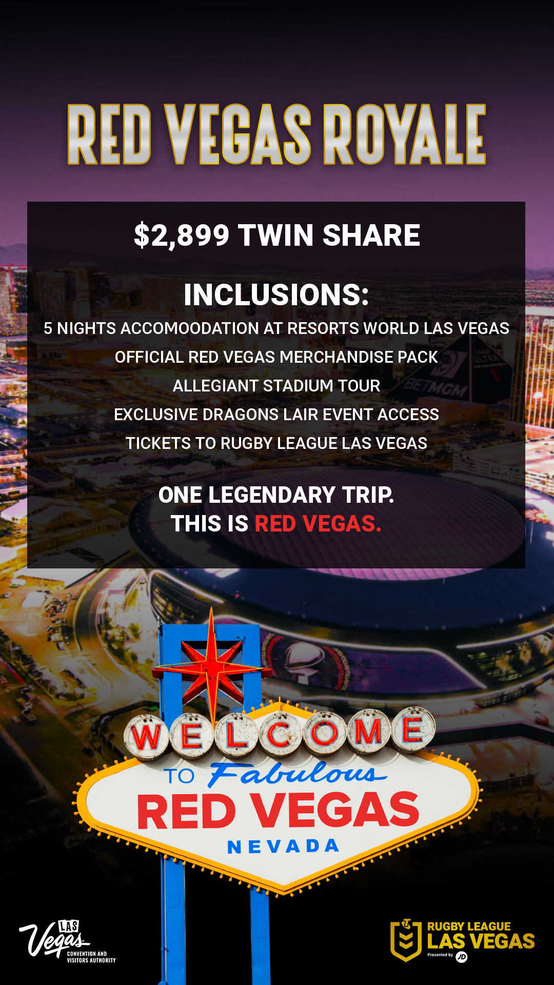 Poster advertising a trip to Las Vegas, featuring a welcome sign with the text "Fabulous RED VEGAS NEVADA", a night cityscape background, and details about a tour package including accommodations, merchandise, stadium tour, event access, tickets, and