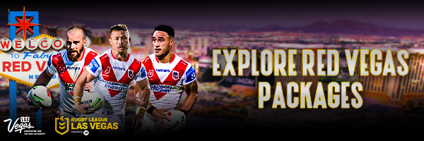 Banner image promoting Red Vegas packages with three rugby players in uniforms and a Las Vegas cityscape background.