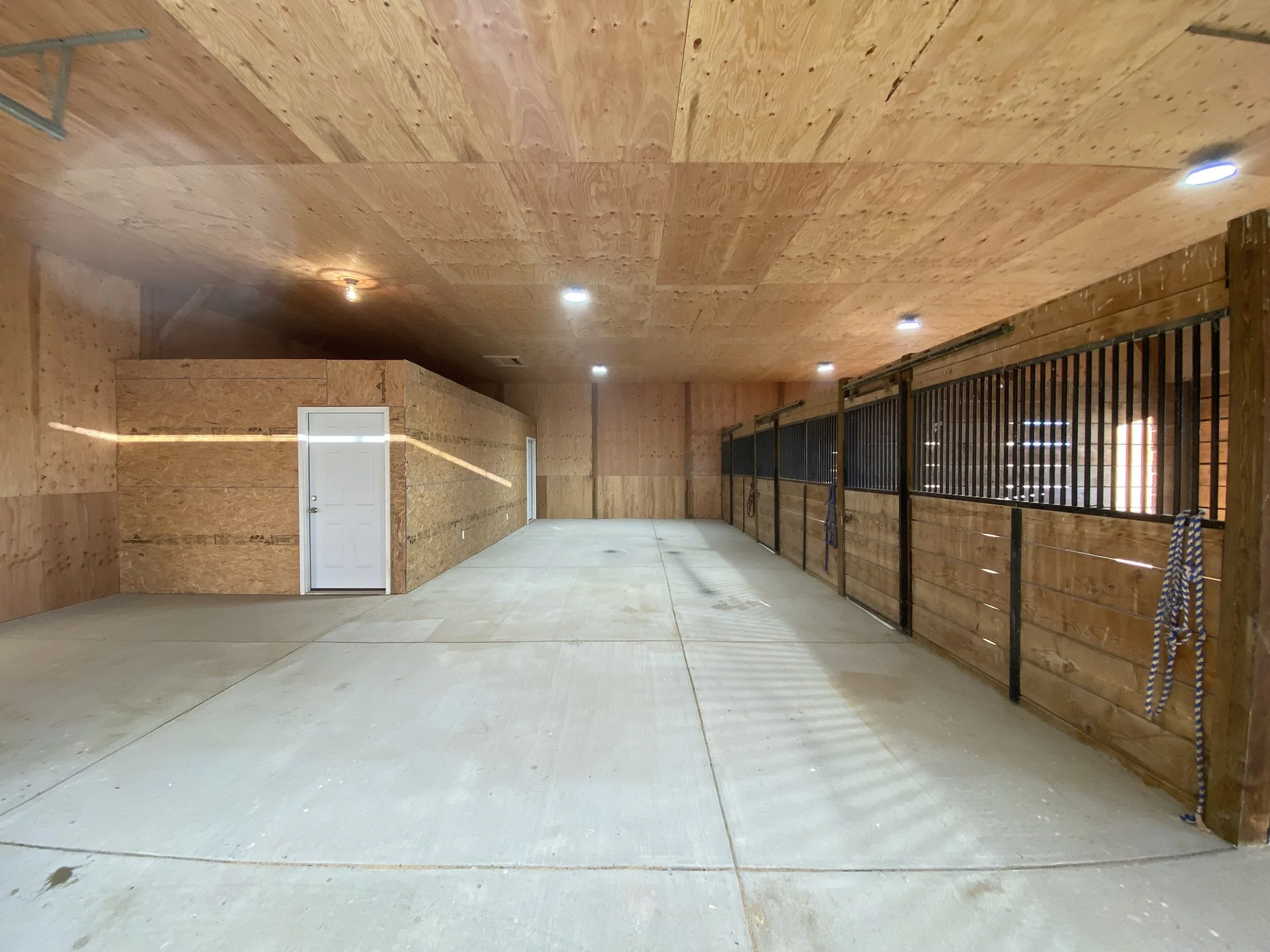An empty indoor riding arena with a concrete floor, wooden walls, and a wooden ceiling. There are small doors on the left side and metal bars on the right side.