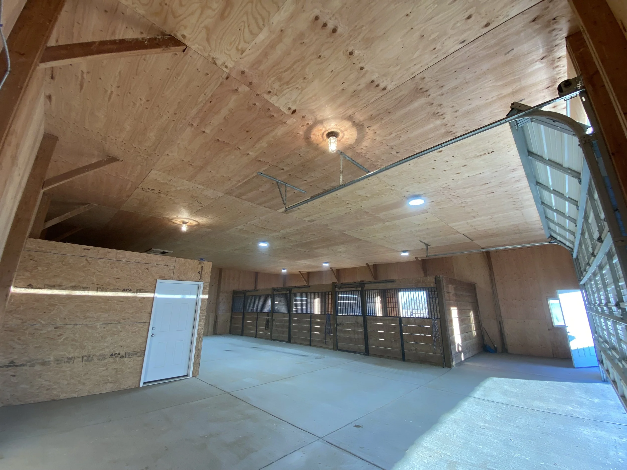 Interior of a garage under construction with wooden walls and ceiling, a door, and a partially open garage door, illuminated by ceiling lights and natural light from the garage door.