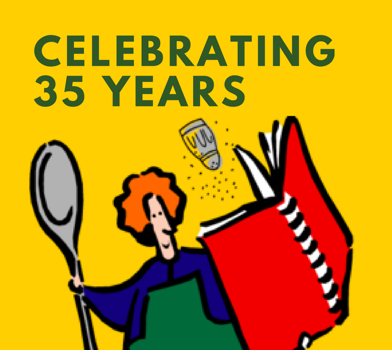 Celebrating 35 years with a graphic of a woman holding a spoon, a salt shaker, and an open red book or notebook, on a yellow background.