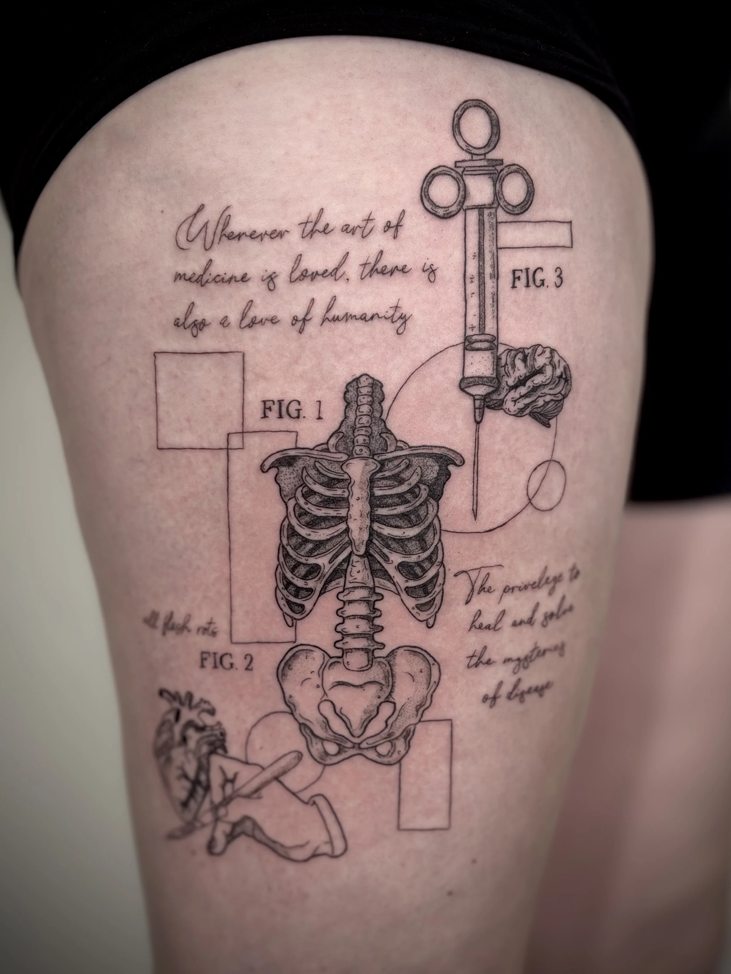 Tattoo of a human skeleton chest with labeled diagrams of medical tools and quotes about medicine and humanity.