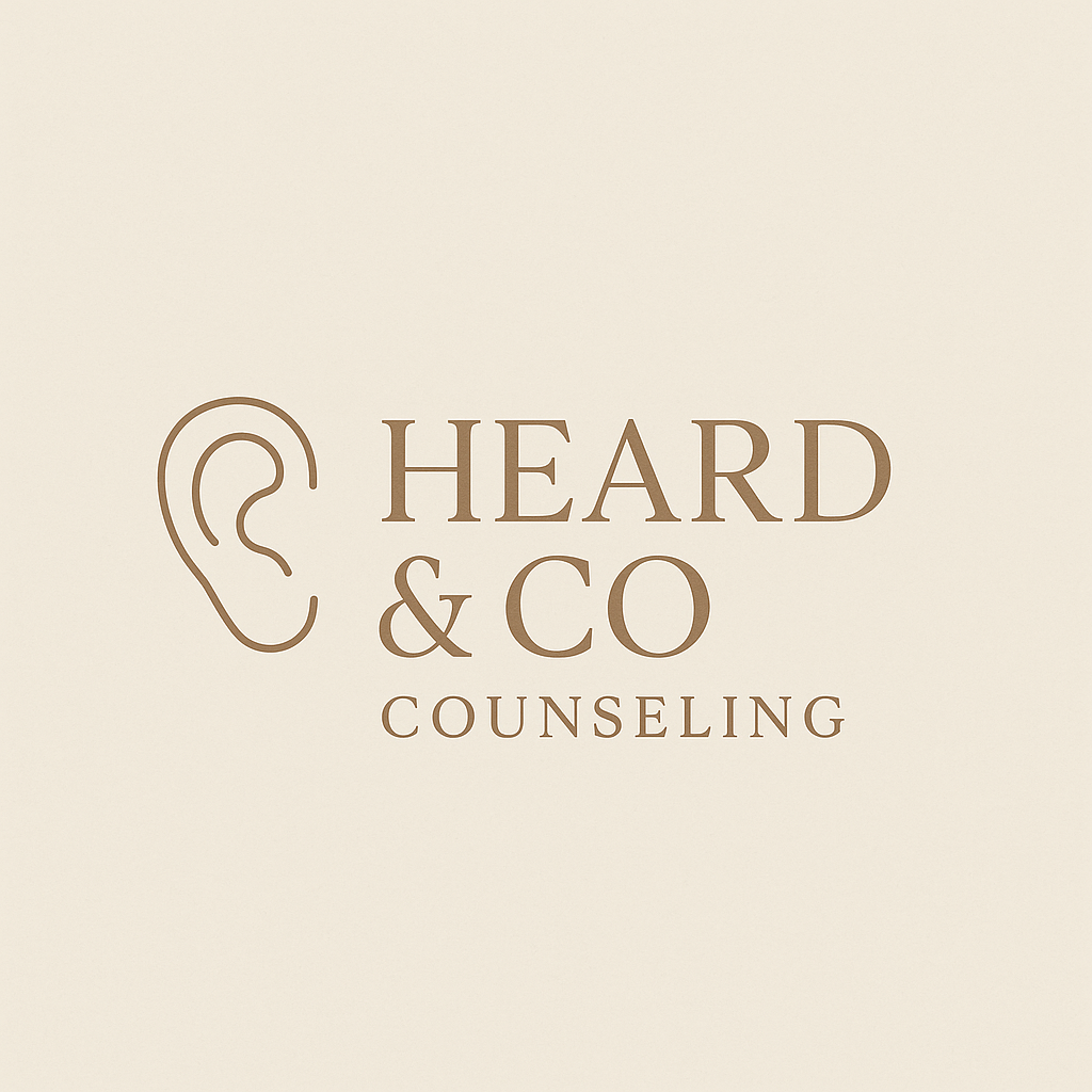 Logo for Heard & Co Counseling, featuring an ear outline and text in brown on a beige background.