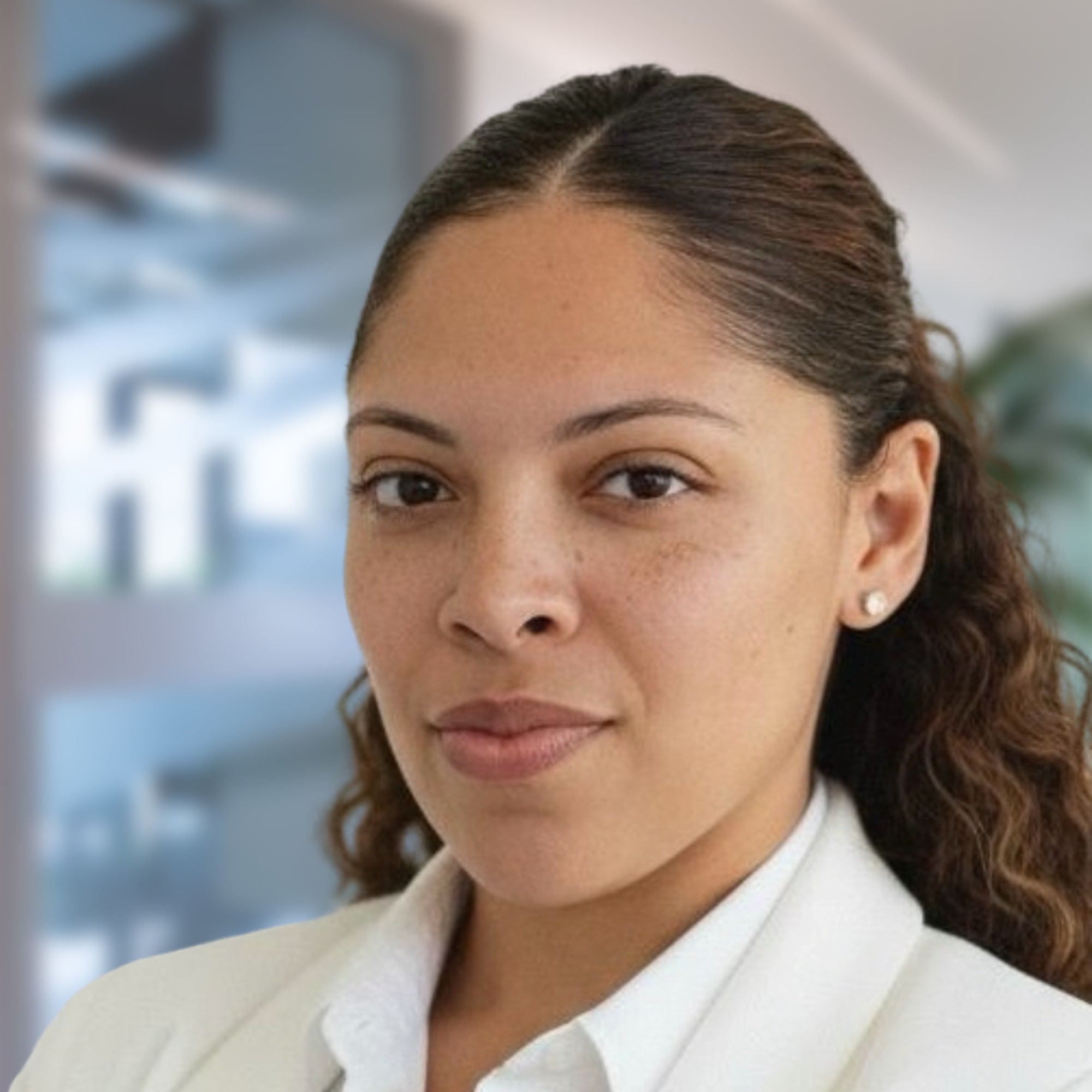Professional woman with dark curly hair, wearing a white blazer and pearl earrings, in an office setting.