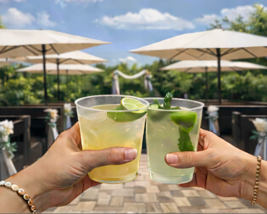 Two hands holding cocktails with lime slices outdoors under umbrellas on a sunny day.