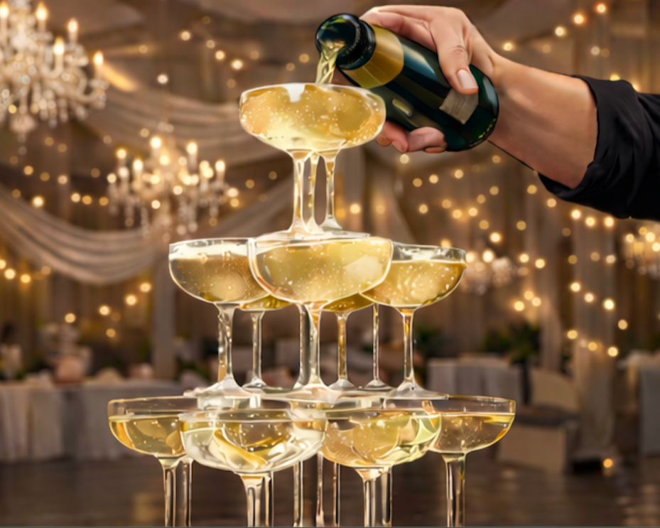 Person pouring champagne into a pyramid of glasses at a celebration or wedding.