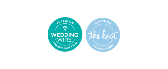 Two wedding-themed badges, one turquoise with 'Wedding Wire' logo and another light blue with 'the knot' logo, connected by a purple ribbon.