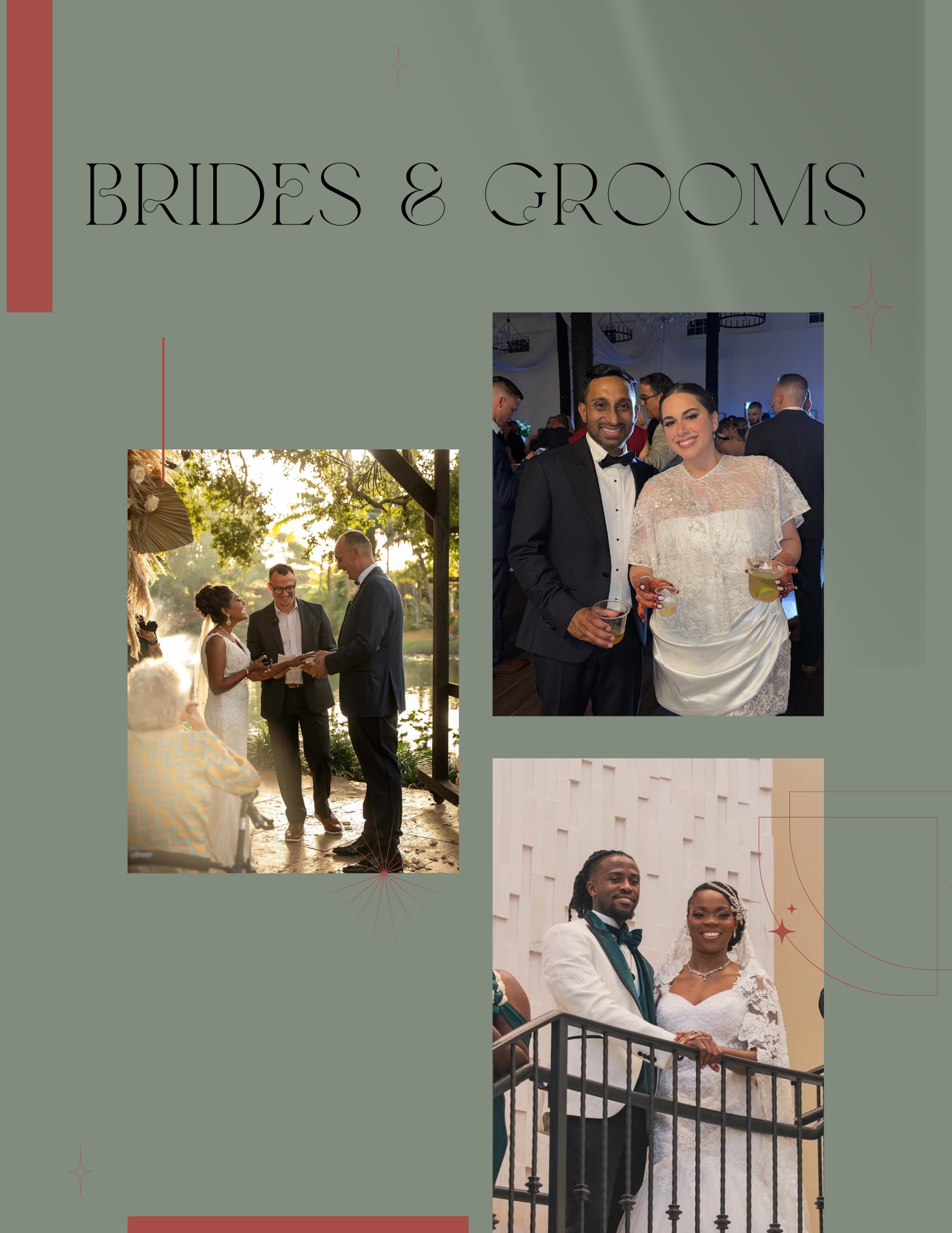 Cover page for a wedding magazine or album titled 'Brides & Grooms' featuring three photos of couples at wedding events, including a outdoor ceremony and formal indoor receptions.