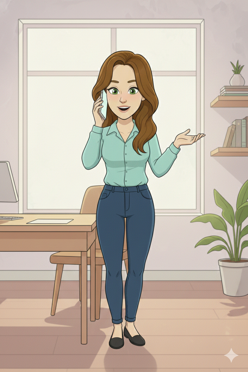 A woman with brown hair and green eyes, wearing a light blue blouse and dark blue jeans, talking on a phone in an office or home office setting.