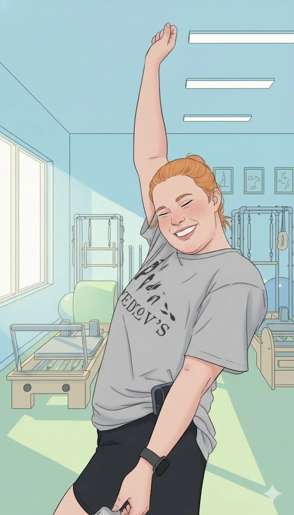 A woman stretching and smiling in a physical therapy or fitness room with exercise equipment.