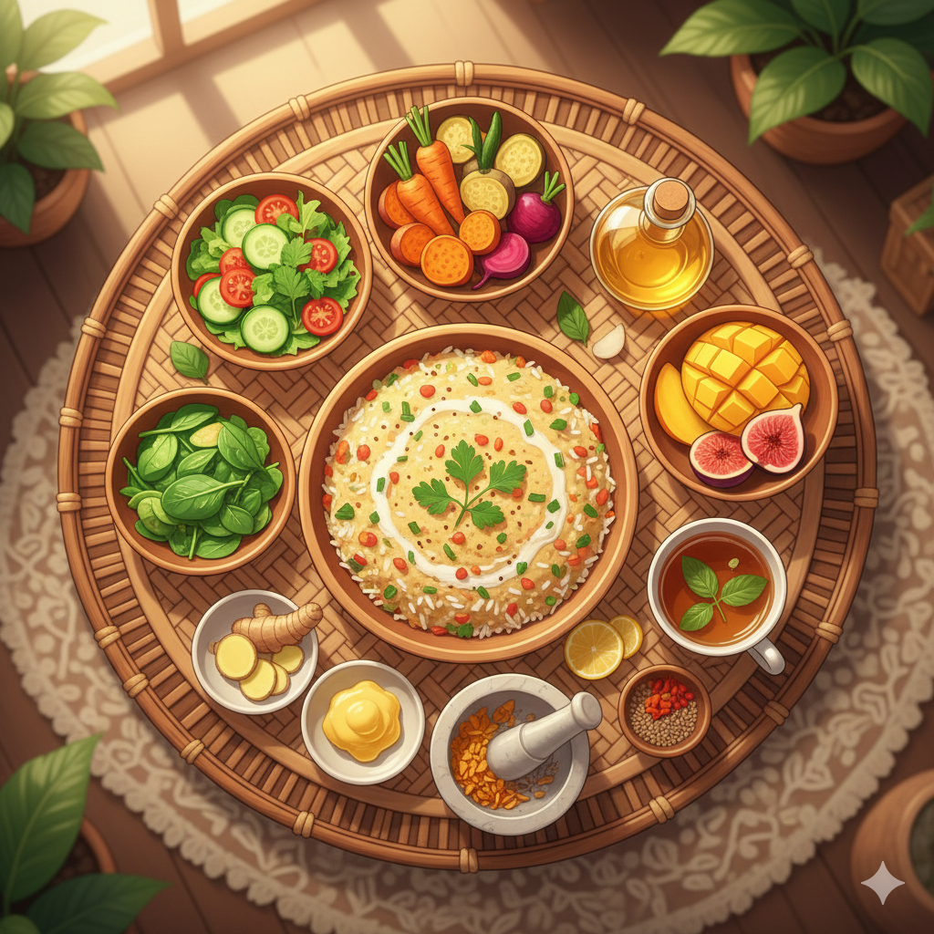 A round wooden tray holding a variety of foods including a salad with cucumbers, tomatoes, and lettuce, a bowl of mixed vegetables with carrots and radishes, a bottle of oil, a bowl of sliced mango and figs, a bowl of tea with mint leaves, a plate of rice topped with herbs, a small jar of red pepper, a mortar and pestle with ginger and turmeric, and bowls with mustard and spices, all set on a lace tablecloth with potted plants in the background.