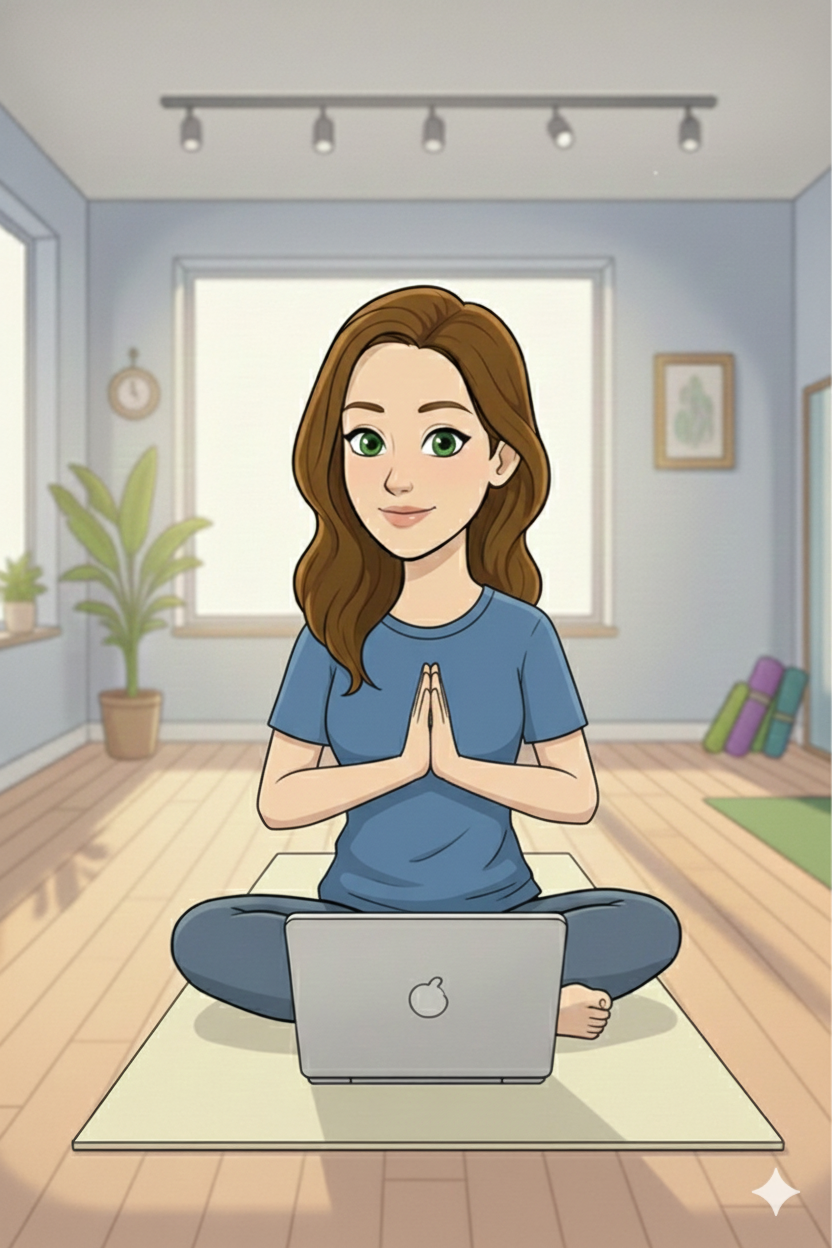 An animated woman with brown hair and green eyes practicing yoga on a mat in a bright, cozy room with large windows, potted plants, framed artwork, and yoga mats in the background, sitting cross-legged with her hands in a prayer position in front of a laptop.