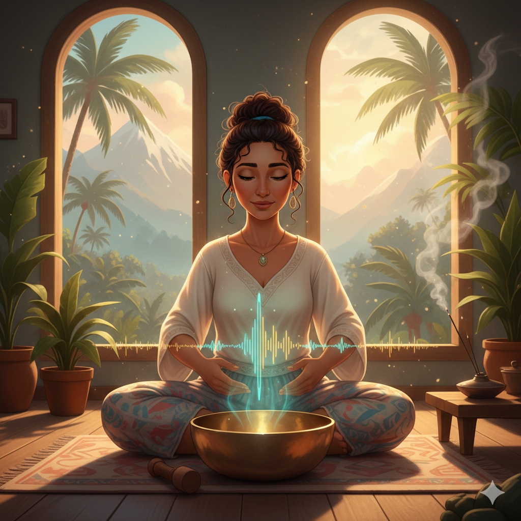 A woman is sitting cross-legged on a rug inside a room with large windows showing mountains, palm trees, and a sunset. She is meditating with her hands on her stomach, and a glowing sound wave emanates from a bowl in front of her, with smoke rising from an incense stick nearby.