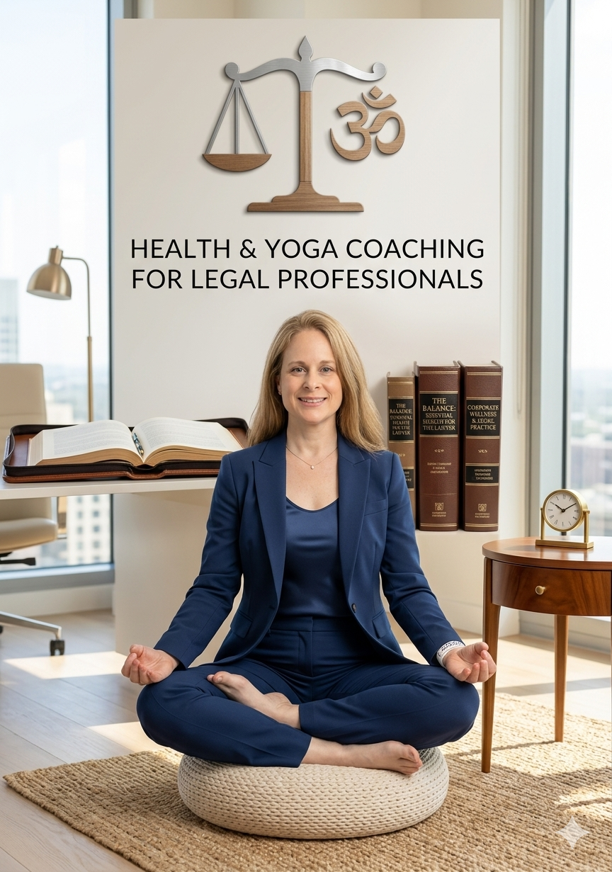 A woman in a blue suit practicing meditation on a cushion in an office. Behind her, a wall displays a wooden scale symbol and an Om symbol, with text reading 'Health & Yoga Coaching for Legal Professionals'. The office has large windows, books on law on a bookshelf, and a small table with a clock.