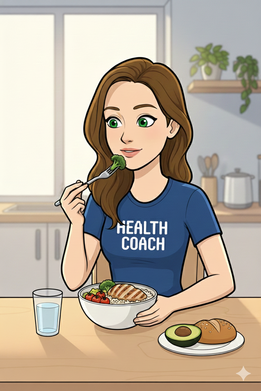 A woman with brown hair and green eyes, wearing a blue 'Health Coach' shirt, sits at a kitchen table eating a healthy meal of broccoli, cherry tomatoes, grilled chicken, and rice, with an avocado and bread on a plate, and a glass of water.