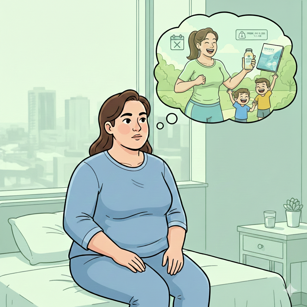 A woman sitting on a bed, looking thoughtful while dreaming about a happy woman and two children playing outdoors.