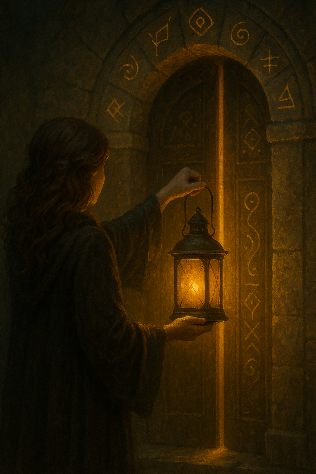 A woman with long hair holding a lantern in front of a door with mystical symbols and runes.