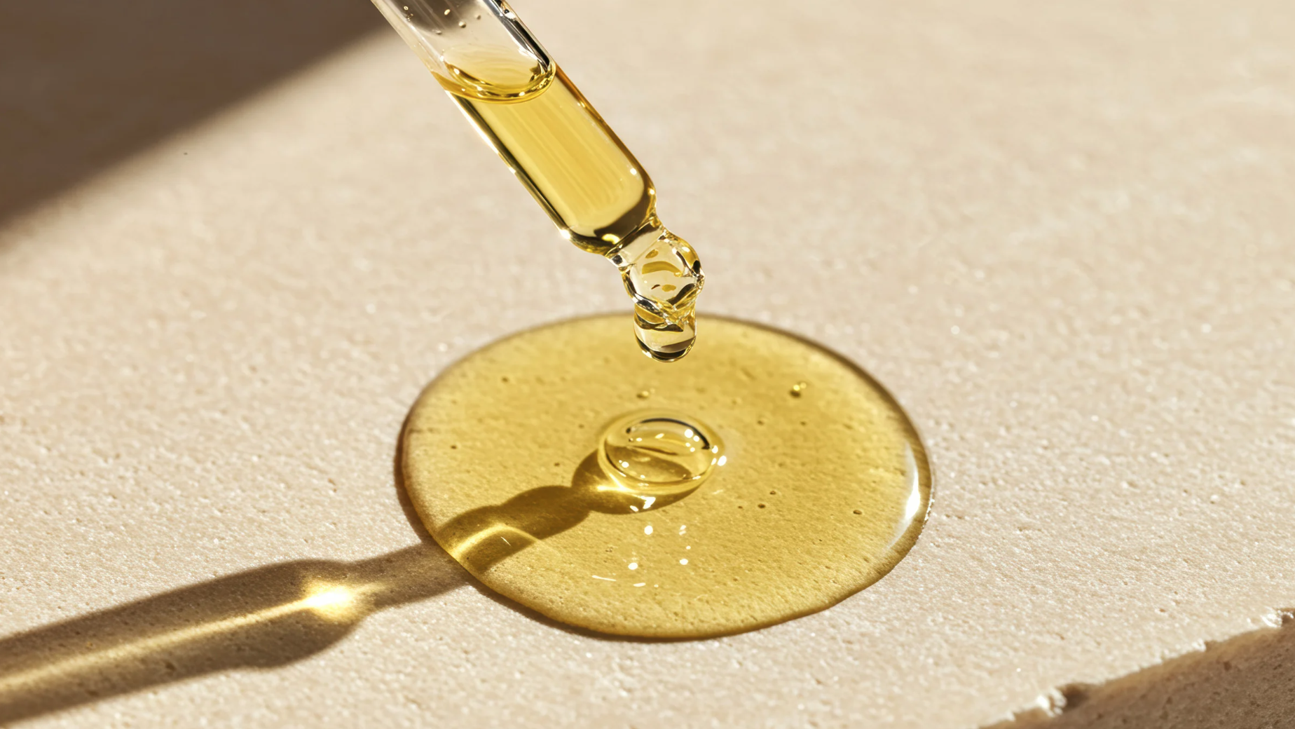 A glass dropper drops yellow oil onto a flat light-colored surface, creating a small puddle and a bubble.