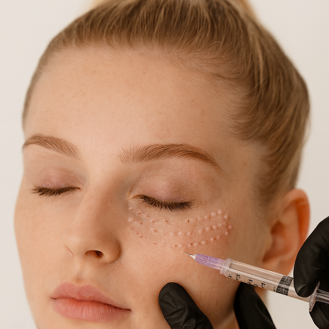 A woman with closed eyes receives a cosmetic injection under her eye, with dotted markings on her cheek indicating the injection site, while a person wearing black gloves administers the procedure.