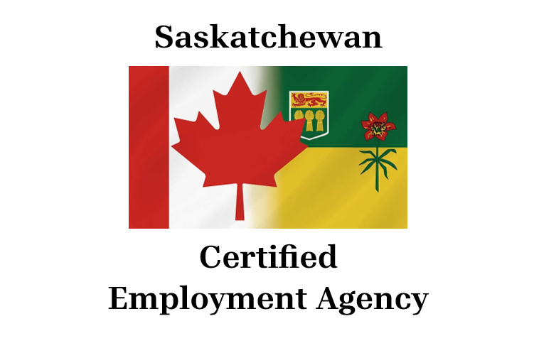 Canadian flag with the text "Saskatchewan Certified Employment Agency" above and below the flag.