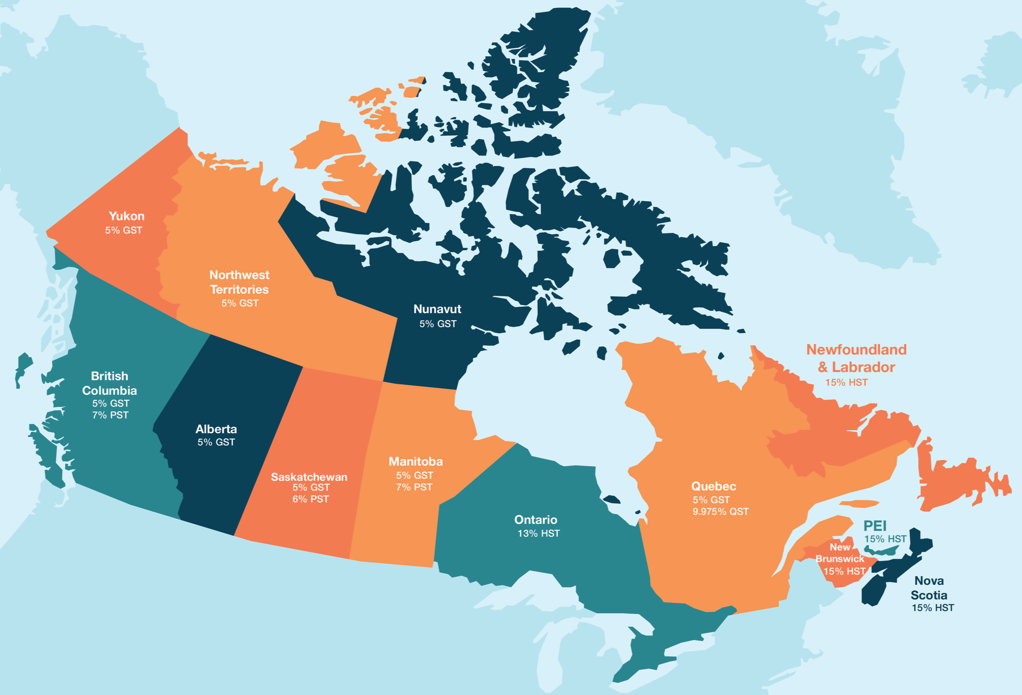 Map of Canada showing provinces and territories with their respective sales tax rates, including GST, PST, HST, and QST, color-coded for each region.
