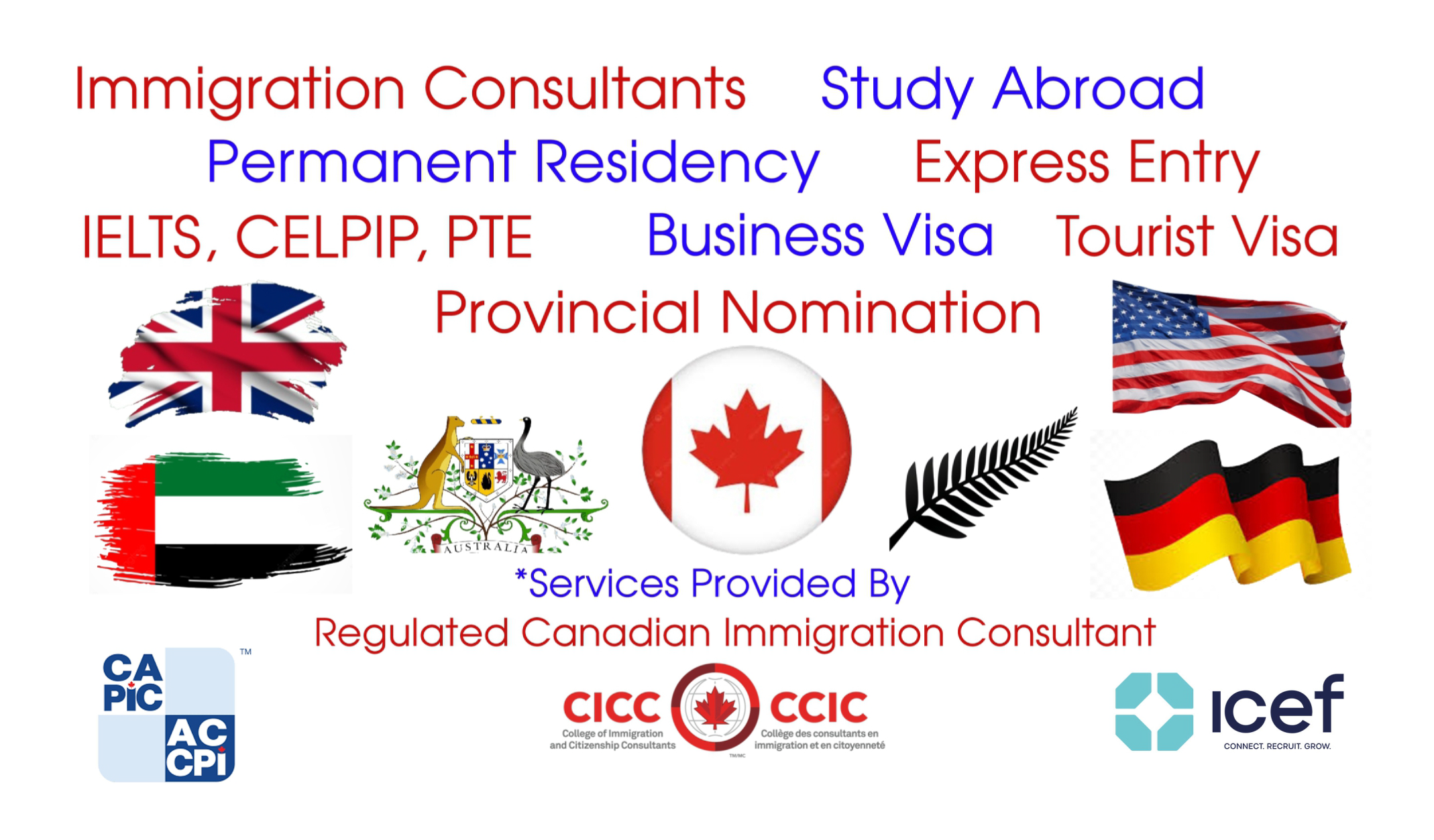 A collage of flags of the United Kingdom, Italy, Australia, Canada, the United States, and Germany, with words in red and blue text related to immigration services, such as 'Immigration Consultants,' 'Study Abroad,' 'Permanent Residency,' 'Express Entry,' 'Tourist Visa,' and 'Provincial Nomination.' Logos of immigration organizations are at the bottom.