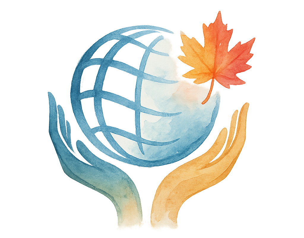 Watercolor illustration of a globe held by two hands, one blue and one beige, with an orange maple leaf on top.