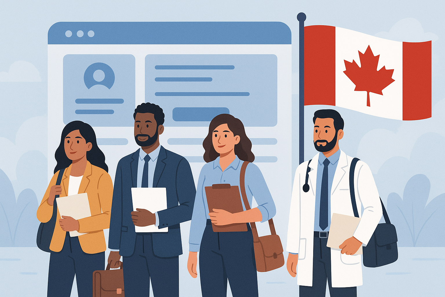 Illustration of diverse professionals walking outside with a Canadian flag and a large digital profile board in the background.