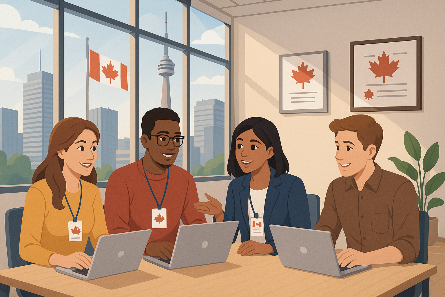 Four diverse coworkers sitting at a table working on laptops in a conference room with large windows displaying a cityscape and Canadian flags.