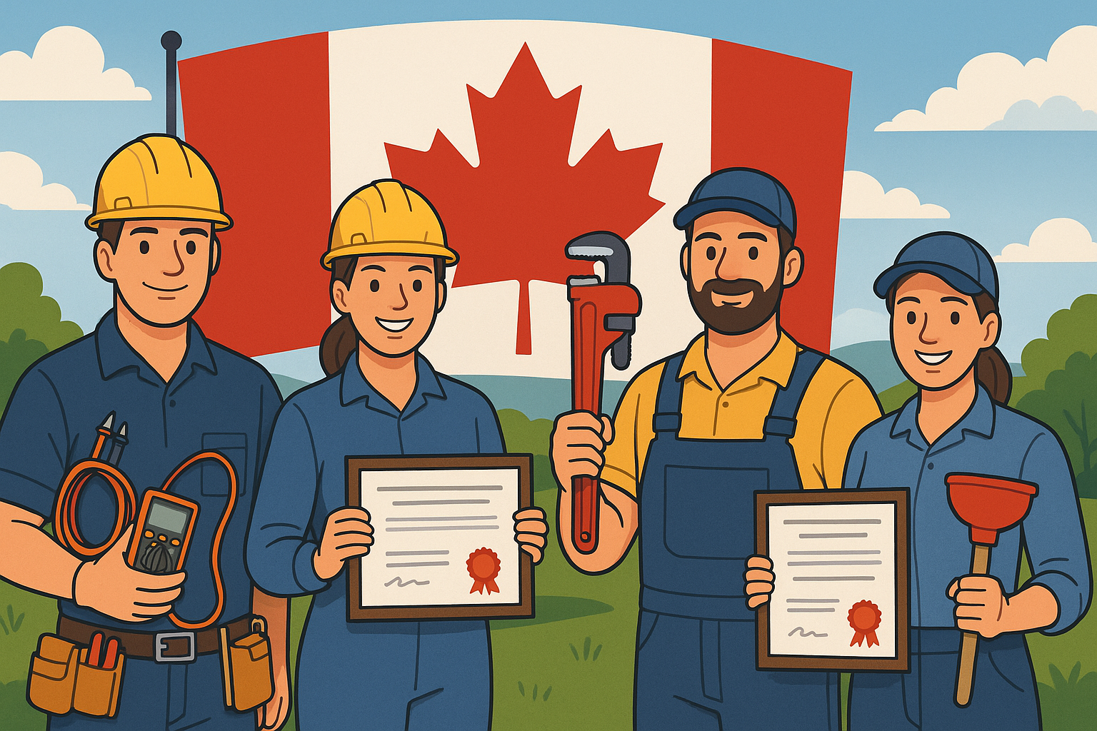 Illustration of four workers standing outdoors in front of a large Canadian flag with trees and clouds in the background. One worker is holding a multimeter and a coil, another holding a certificate, the third holding a pipe wrench, and the fourth holding a certificate and a plunger. They are smiling and dressed in work uniforms with some wearing safety helmets and others with caps.