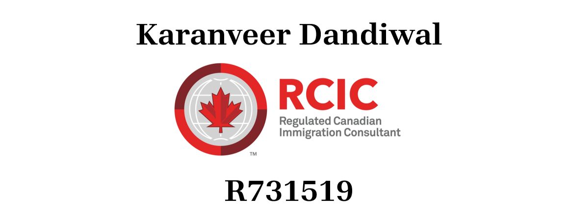 Business card for Karanveer Dandiwal, a regulated Canadian immigration consultant with RCIC certification, featuring a red maple leaf logo.