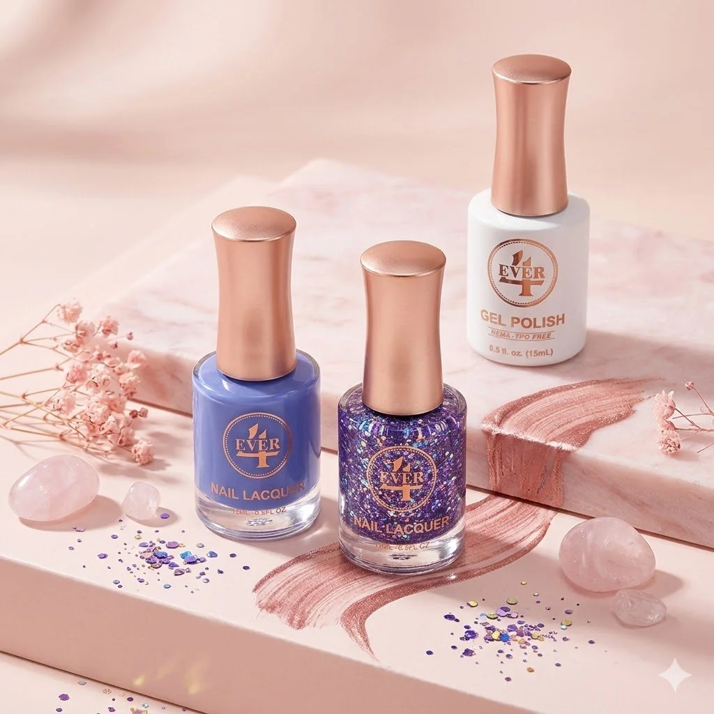 Three bottles of nail polish and gel polish, with pink flowers and decorative stones on a pink surface with pink and purple watercolor streaks.