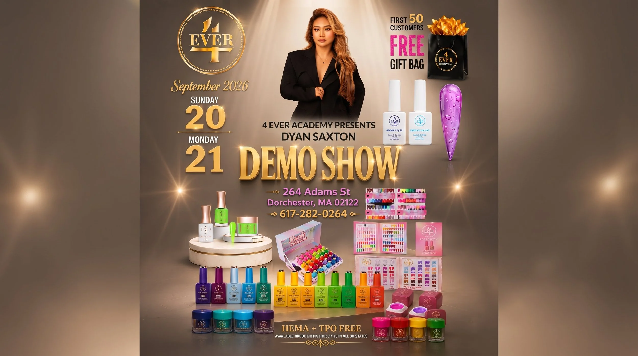 A promotional advertisement for a beauty products event in September 2026 featuring nail polish bottles, nail art supplies, and beauty tools displayed with a woman in black attire. The event offers a free gift bag for the first 50 customers and showcases various nail colors and beauty products with contact details and location in Dorchester, MA.