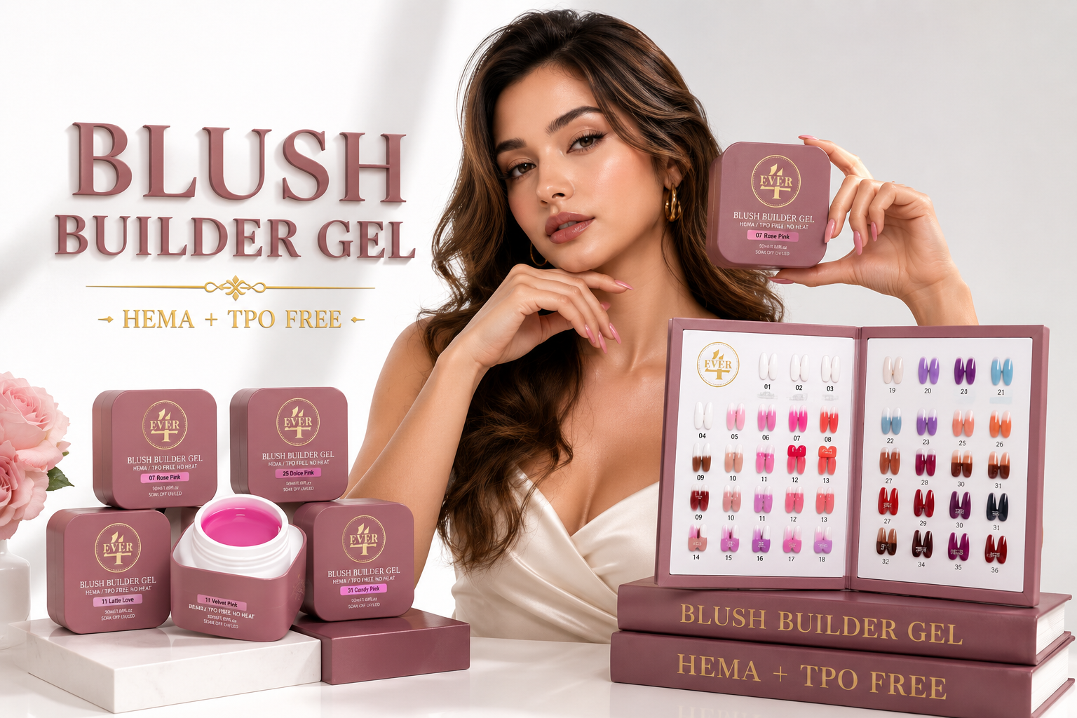 A woman with long, wavy brown hair holds a pink container of blush builder gel and stands beside a display of colorful nail polish samples and pink gel containers, with a sign promoting the product.
