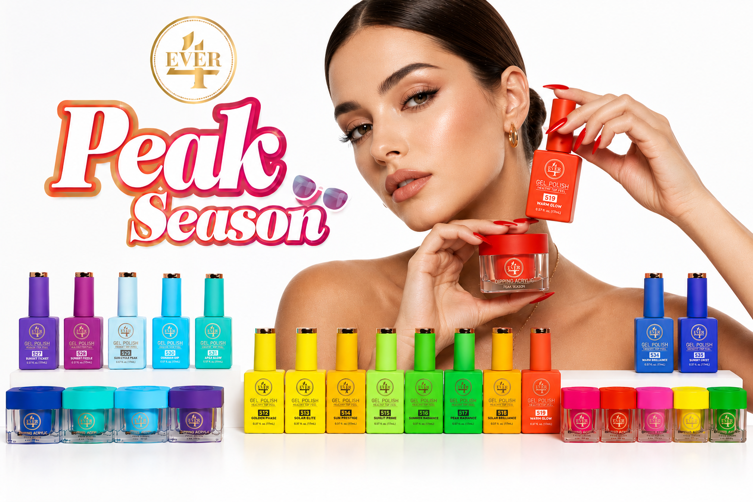 A woman holding a orange gel nail polish bottle in one hand and a jar of nail gel in the other, surrounded by colorful bottles of gel nail polish in various shades, with the words "Peak Season" and sunglasses graphic in the background.