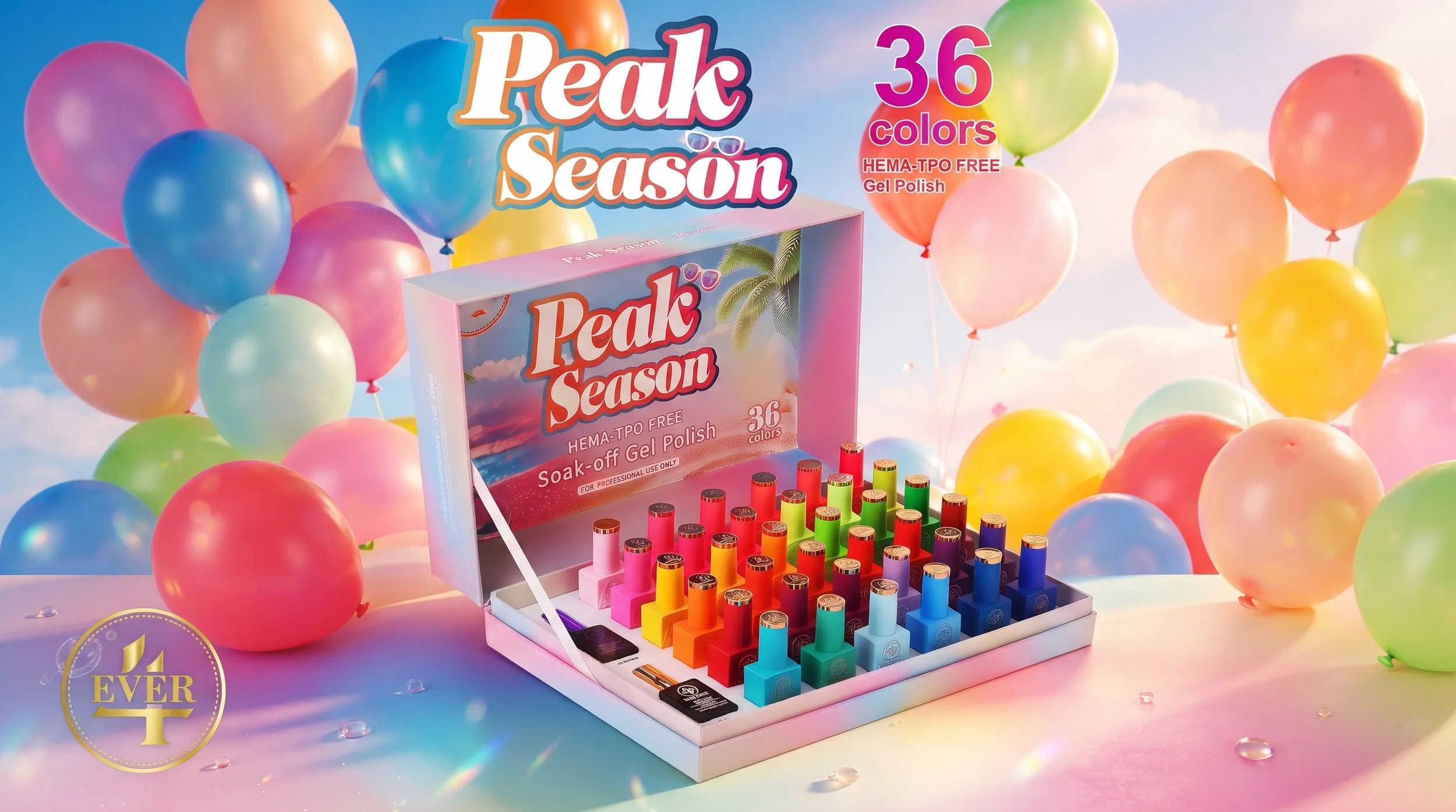A colorful display of Peak Season gel nail polish bottles in various colors, surrounded by pastel balloons, with a backdrop of a sky with clouds.