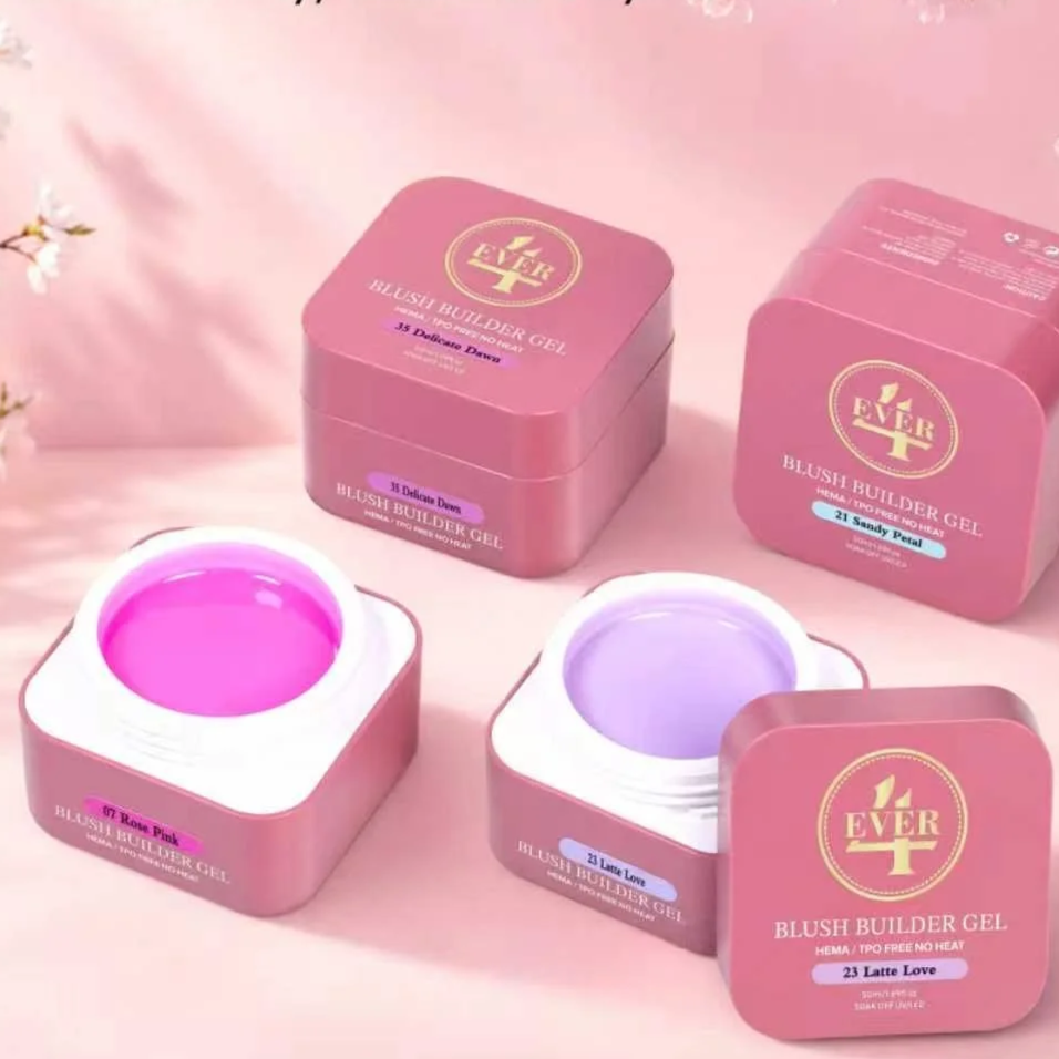 Four pink containers of blush builder gel with their lids open, showing different shades of pink and purple, on a pink background with flowers.