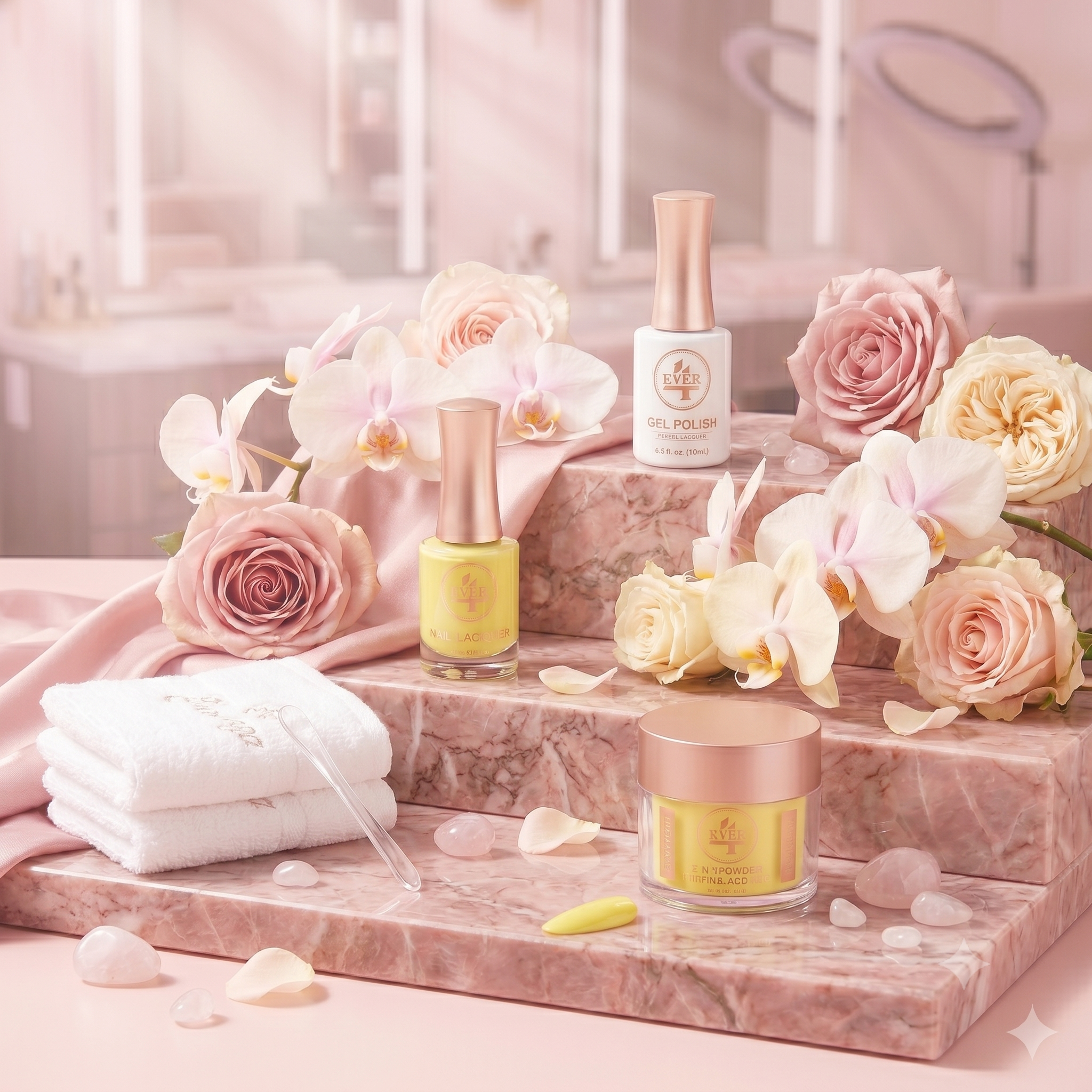 Nail polish bottles in pastel yellow and pink colors surrounded by pink and white roses, orchids, and decorative stones on a marble surface with a soft pink backdrop.
