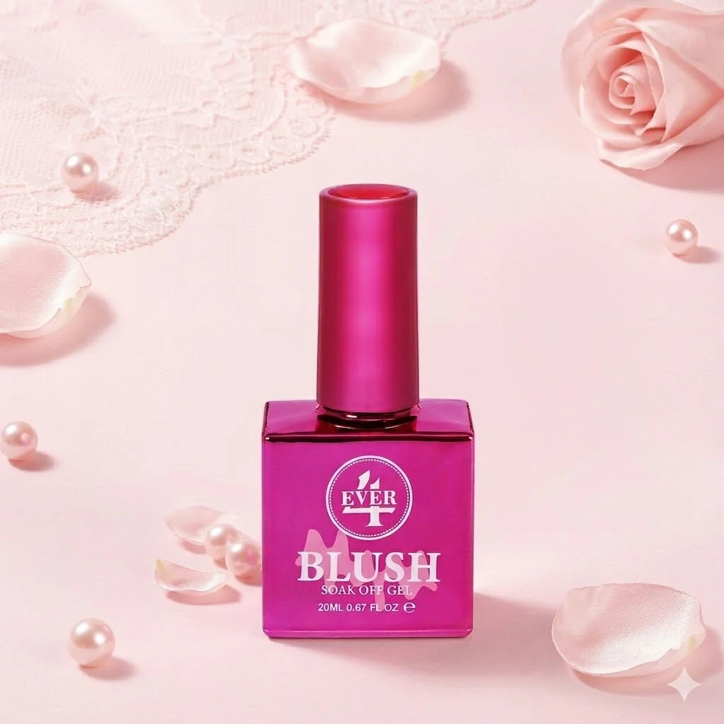 Pink bottle of Ever Blush soak off gel nail polish on a pink surface, surrounded by rose petals and pearls.