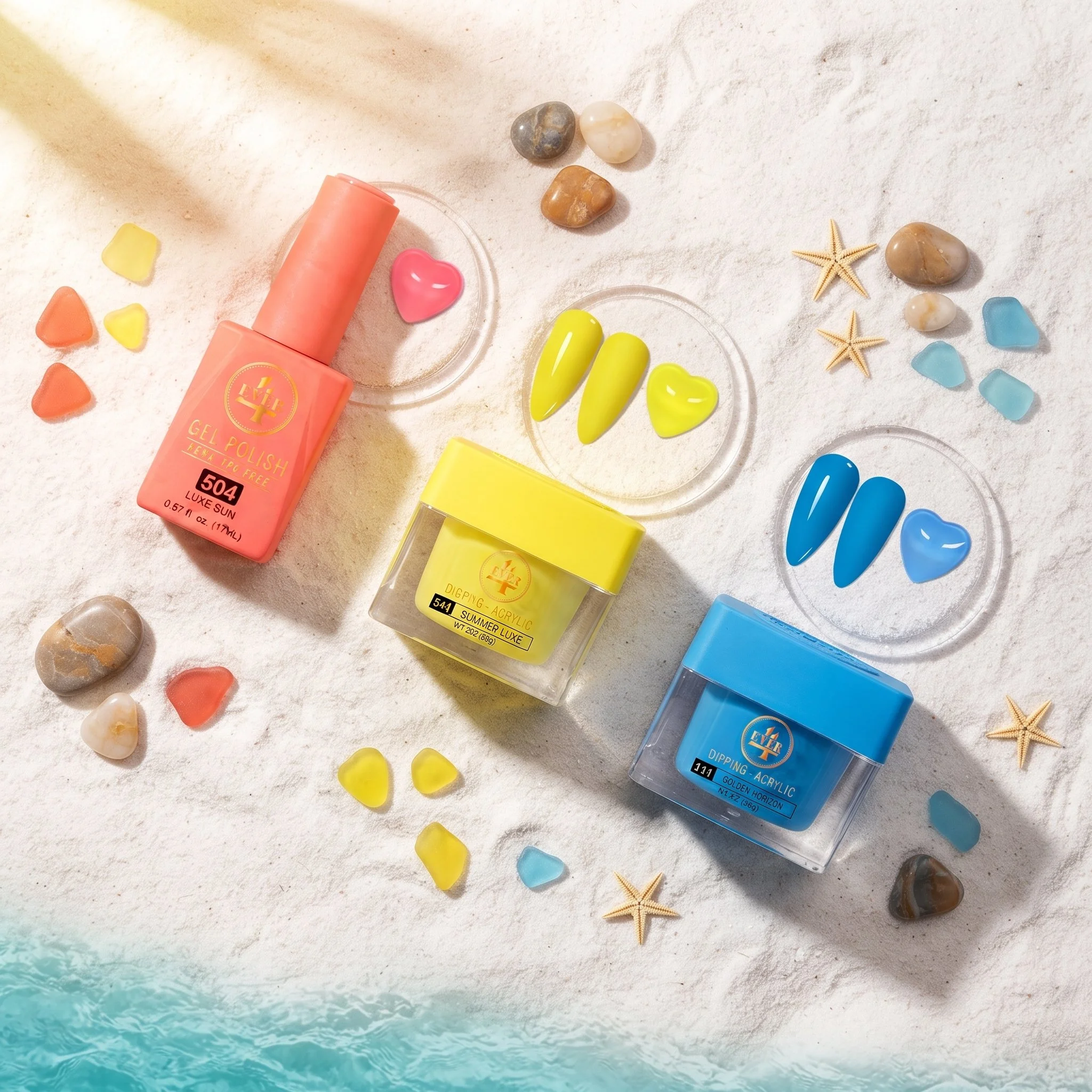 Colorful nail polish bottles and starfish arranged on a sandy surface, with scattered seashells and translucent water at the bottom.