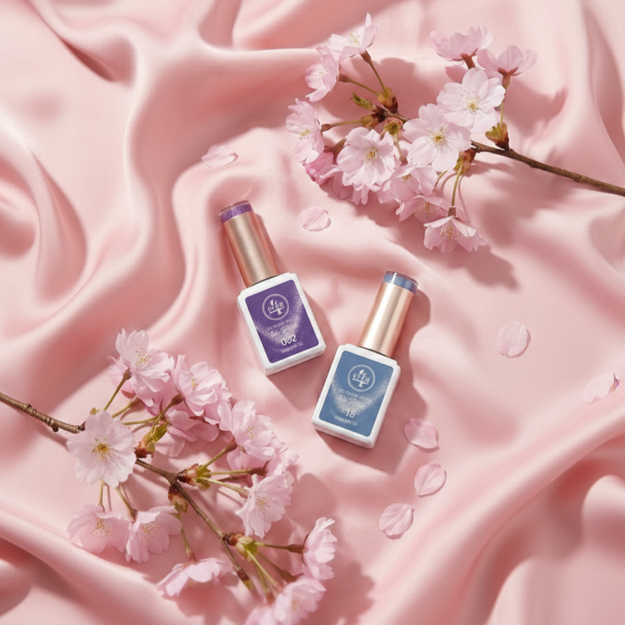 Two bottles of nail polish on pink satin fabric, accompanied by pink cherry blossom flowers and petals.