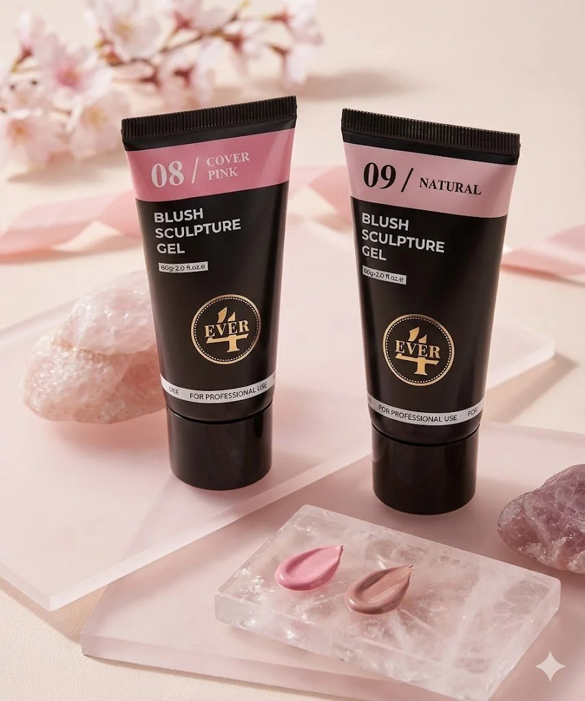 Two tubes of Ever Blush Sculpture Gel, shade 08 Cover Pink and 09 Natural, placed on a light pink surface with pink flowers in the background. In front, a marble slab with samples of the gel in pink and nude shades, along with pink rocks and a crystal-like slab.