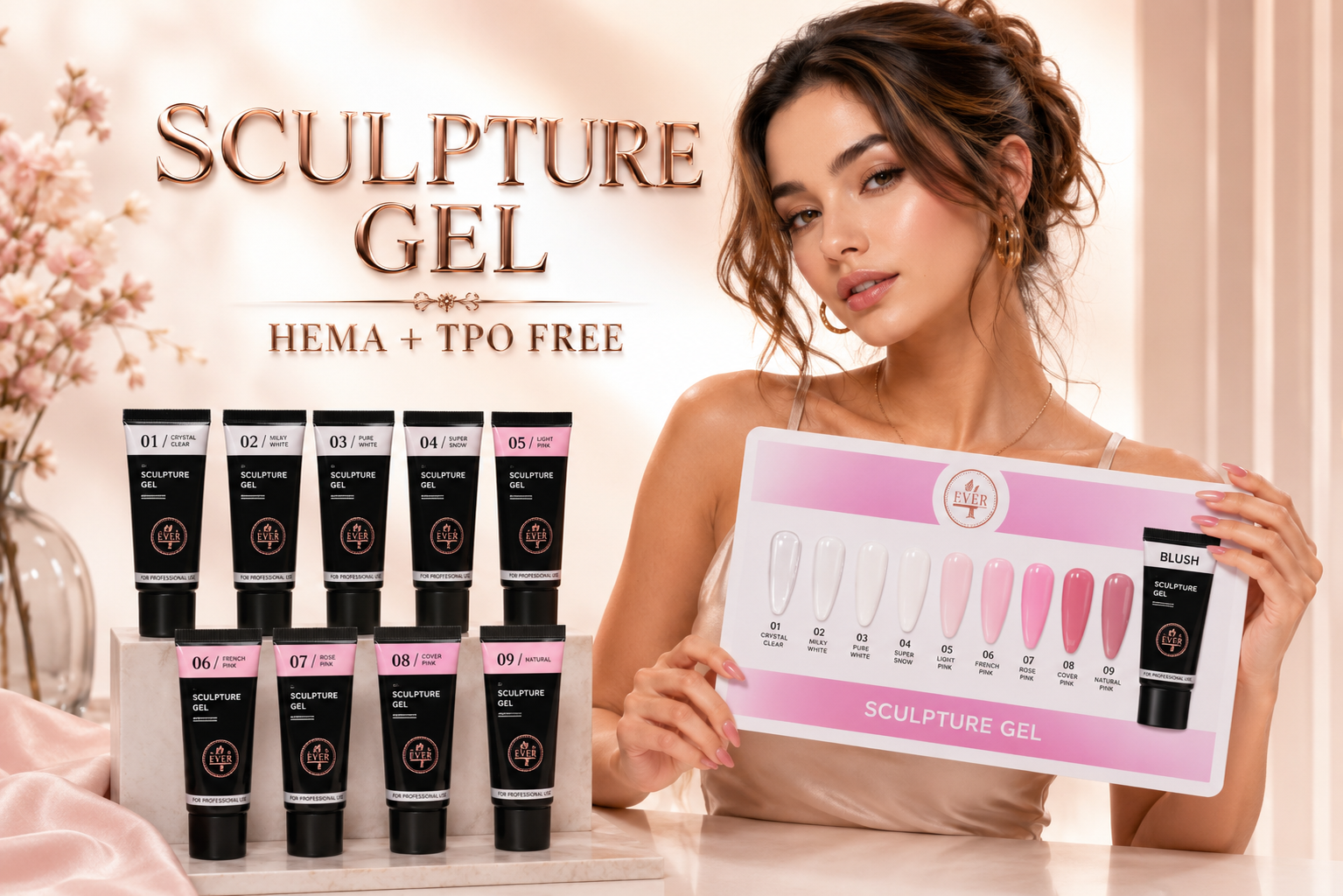 A woman holding a display board of sculpture gel nail colors, with more gel tubes arranged on a table in front of her, promoting various shades of nail gel treatment.
