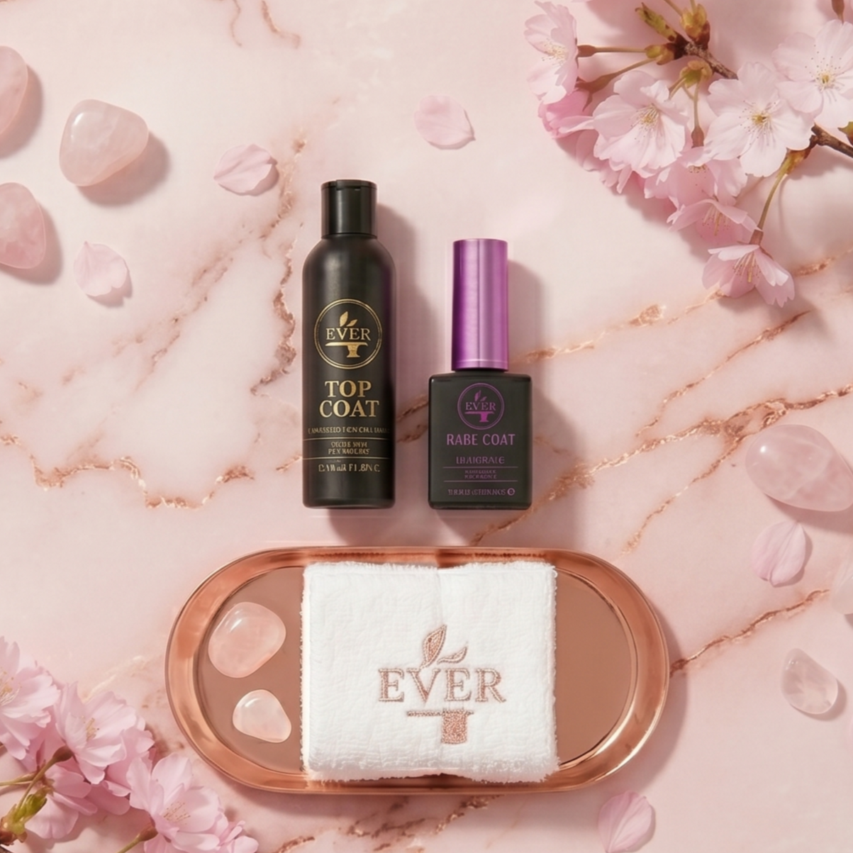 A top coat and a nail polish bottle placed on a marble surface with pink cherry blossoms and rose quartz stones around them, and a towel with the brand name 'Ever' on a pink tray.