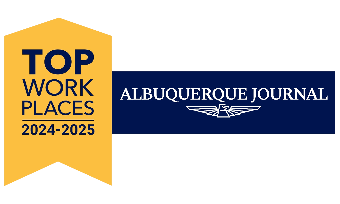Graphic showing 'Top Work Places 2024-2025' awarded by Albuquerque Journal, with a winged logo.