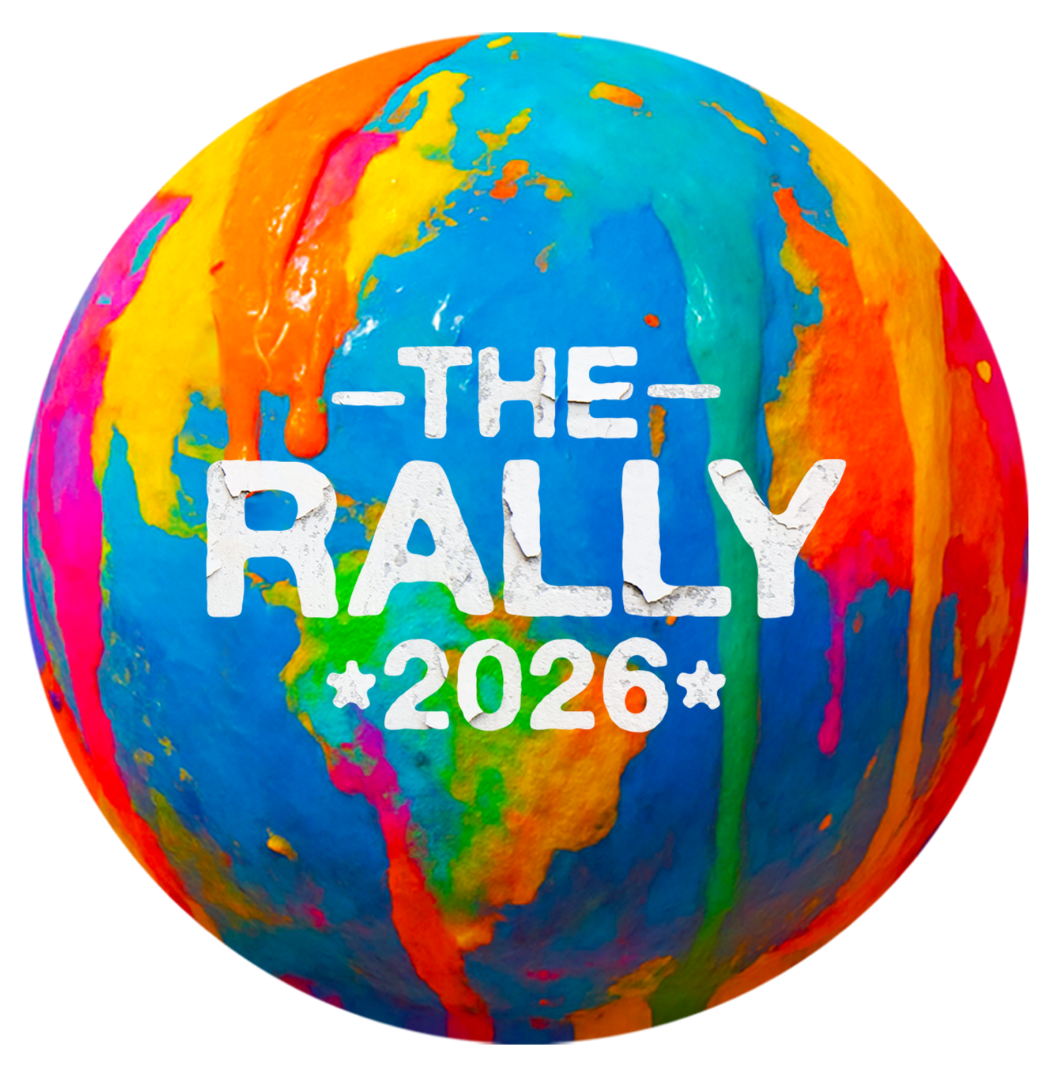 Colorful sphere with the text 'The Rally 2026' in white, designed with a paint splash effect, resembling the Earth.