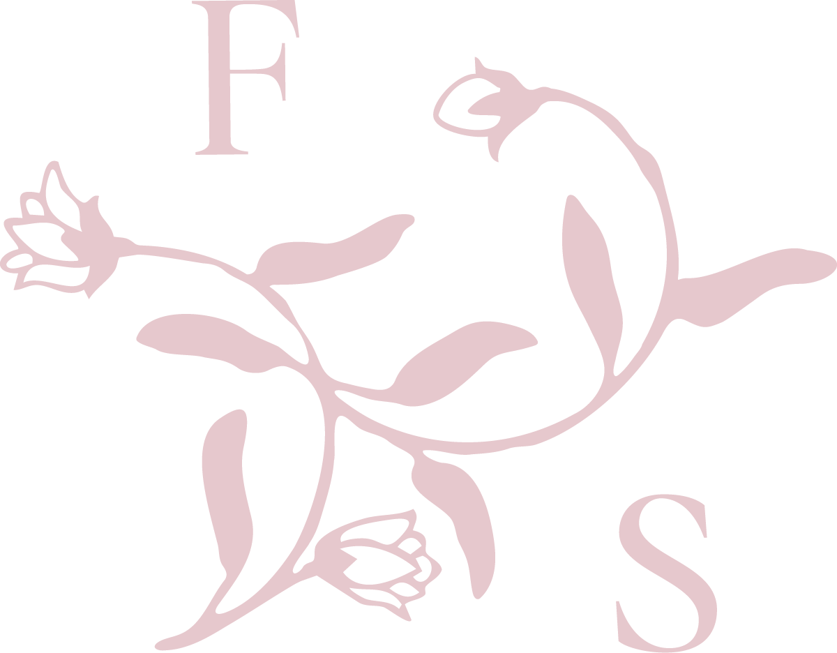 A pink outline of a rose flower with leaves and buds, along with the letter 'F' at the top left and the letter 'S' at the bottom right, on a black background.
