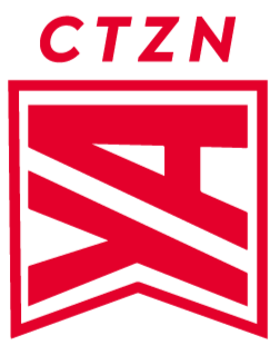 A logo with the text 'CTZN' in red above a red shield-like design with stylized black elements.