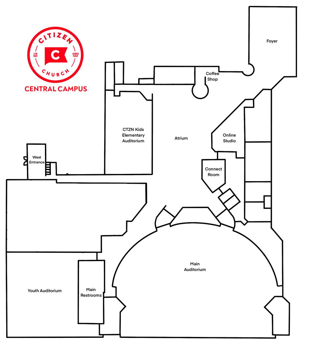 Floor plan of Citizen Church Central Campus showing a main auditorium, youth auditorium, main restrooms, an atrium, a connect room, an online studio, a coffee shop, a foyer, and a CTZN Kids elementary auditorium.