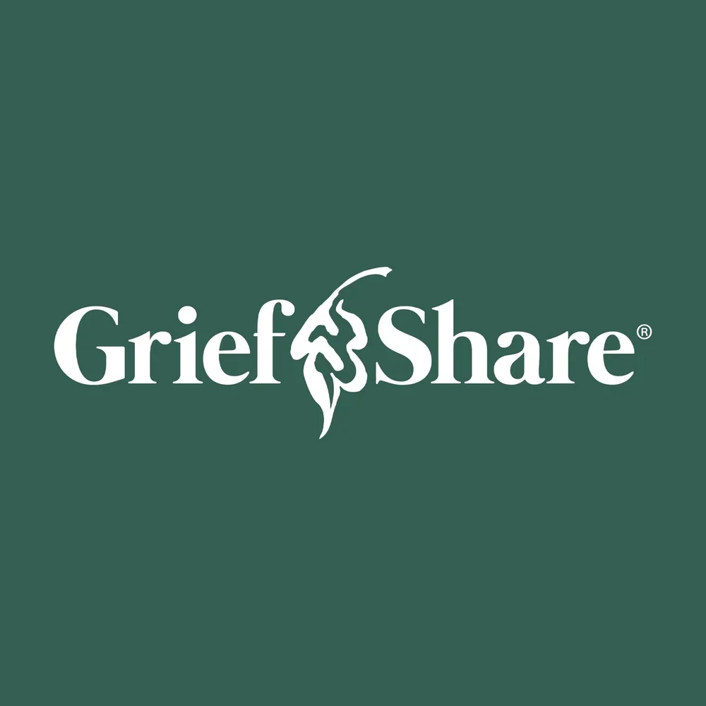 Green background with white text displaying the logo 'GriefShare' and a stylized figure with a leaf in the center.